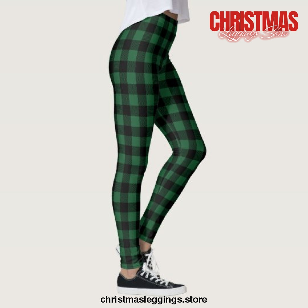 Black and Green Buffalo Check Christmas Leggings - Christmas Leggings Store CL0501