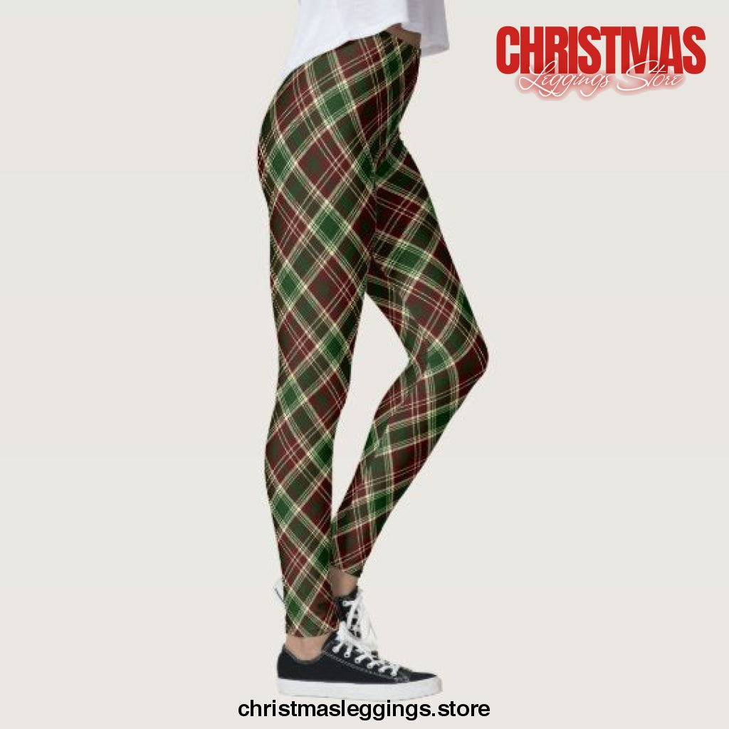 Burgundy Red and Forest Green Madras Plaid Christmas Leggings - Christmas Leggings Store CL0501