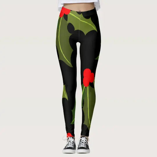 Holly Leaf and Berry Pattern Christmas Leggings - Christmas Leggings Store CL0501