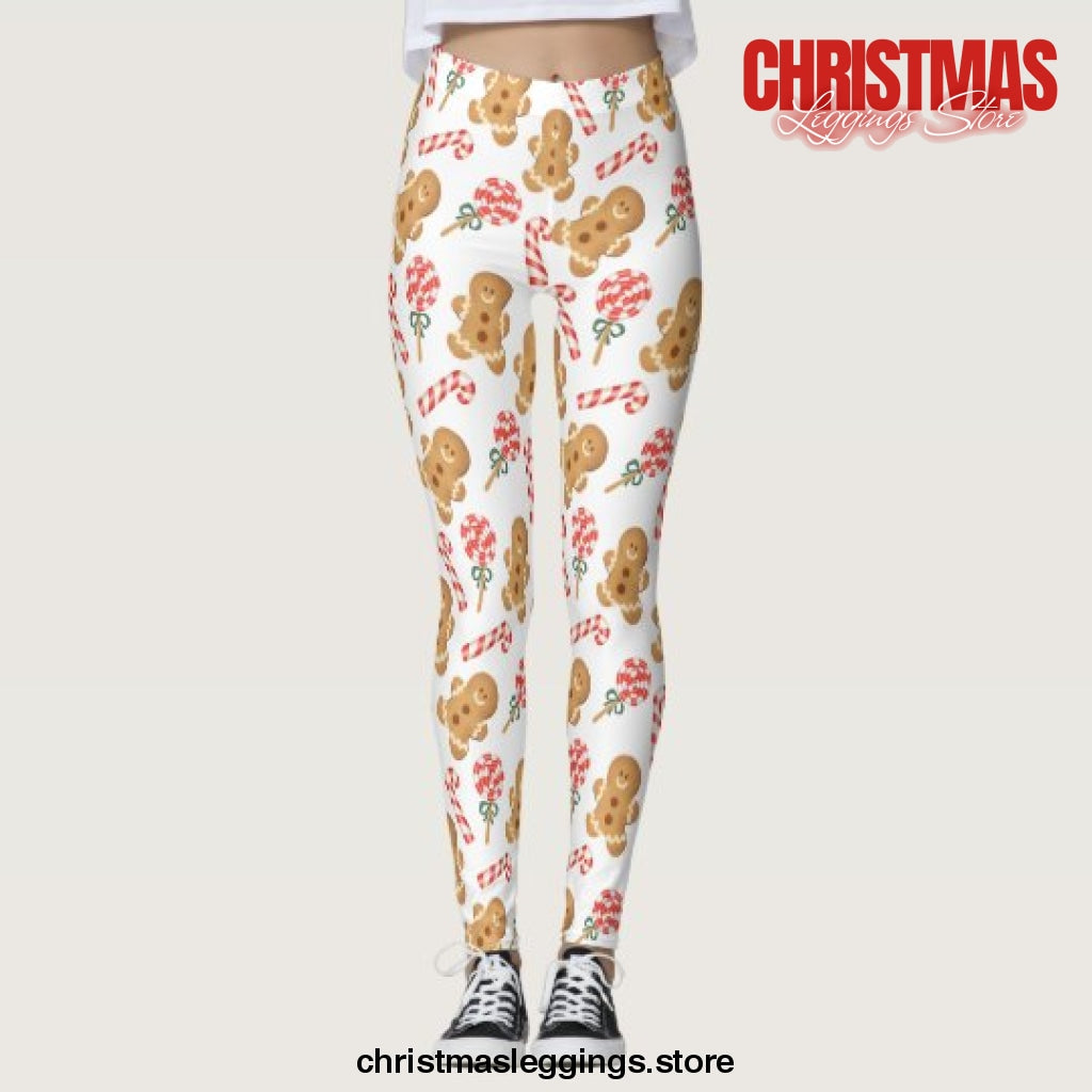 Cute Gingerbread Man Candy Cane Pattern Christmas Leggings - Christmas Leggings Store CL0501