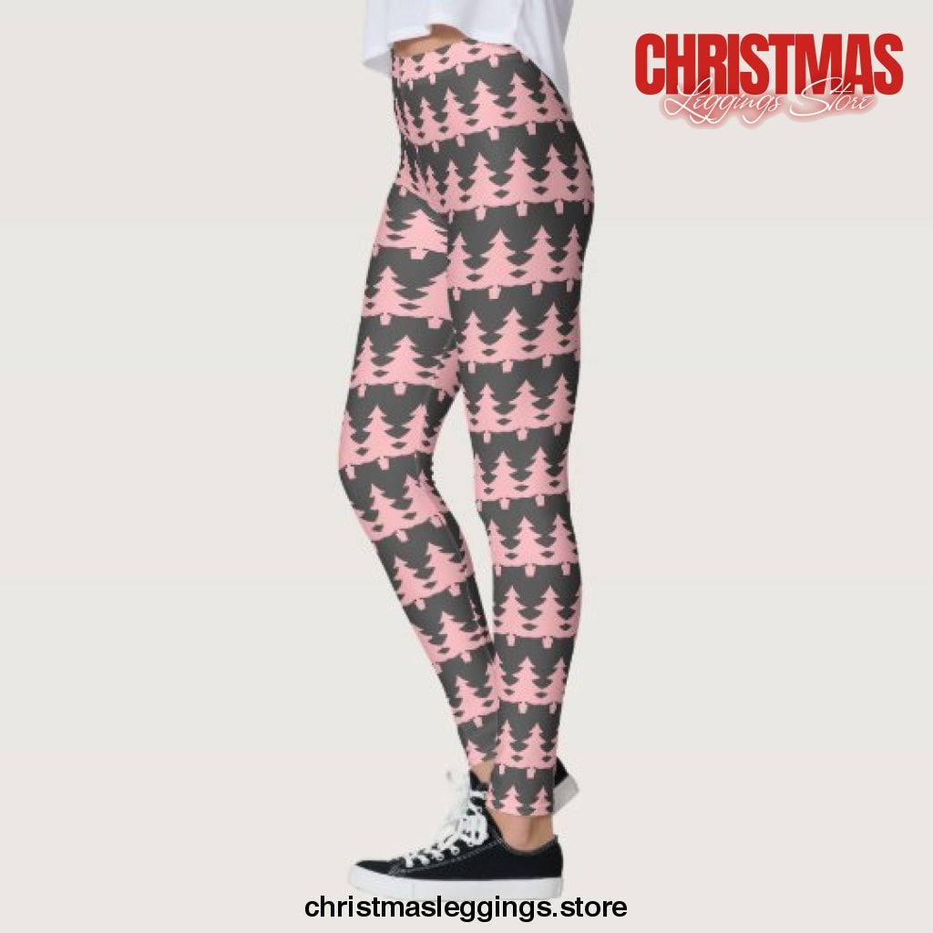 Cute Grey Pink Christmas Trees Pattern Christmas Leggings - Christmas Leggings Store CL0501