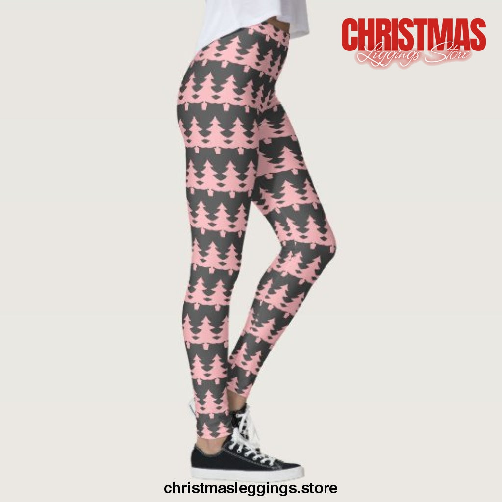 Cute Grey Pink Christmas Trees Pattern Christmas Leggings - Christmas Leggings Store CL0501