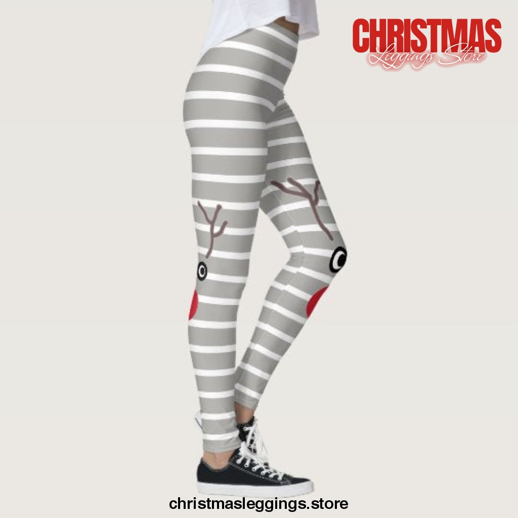 Cute Red Nose Reindeer Striped Christmas Leggings - Christmas Leggings Store CL0501