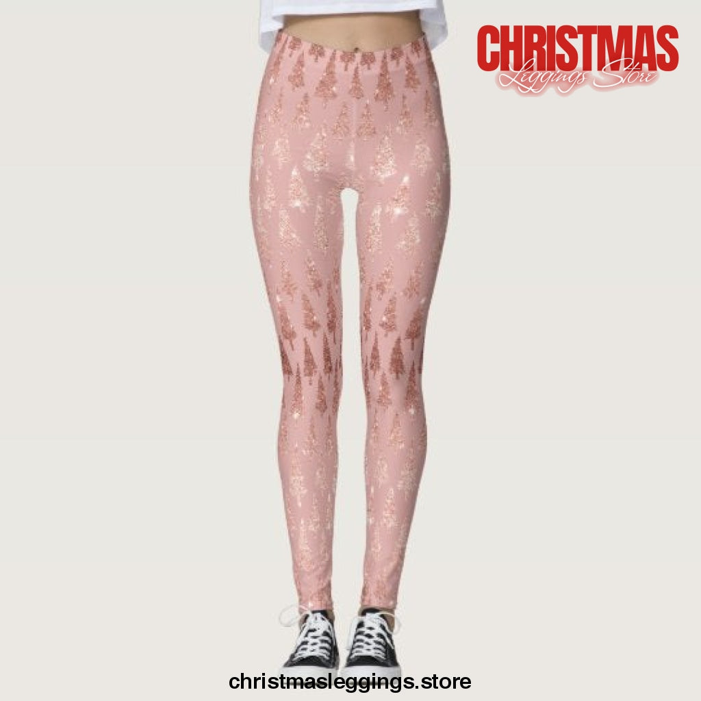 Elegant rose gold glitter + pink mauve trees christmas leggings - Christmas Leggings Store CL0501