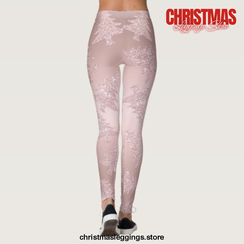 Elegant Rose Gold Glitter Tree Pattern Christmas Leggings - Christmas Leggings Store CL0501