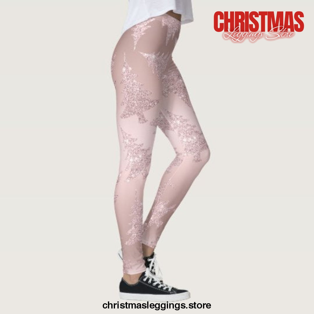 Elegant Rose Gold Glitter Tree Pattern Christmas Leggings - Christmas Leggings Store CL0501