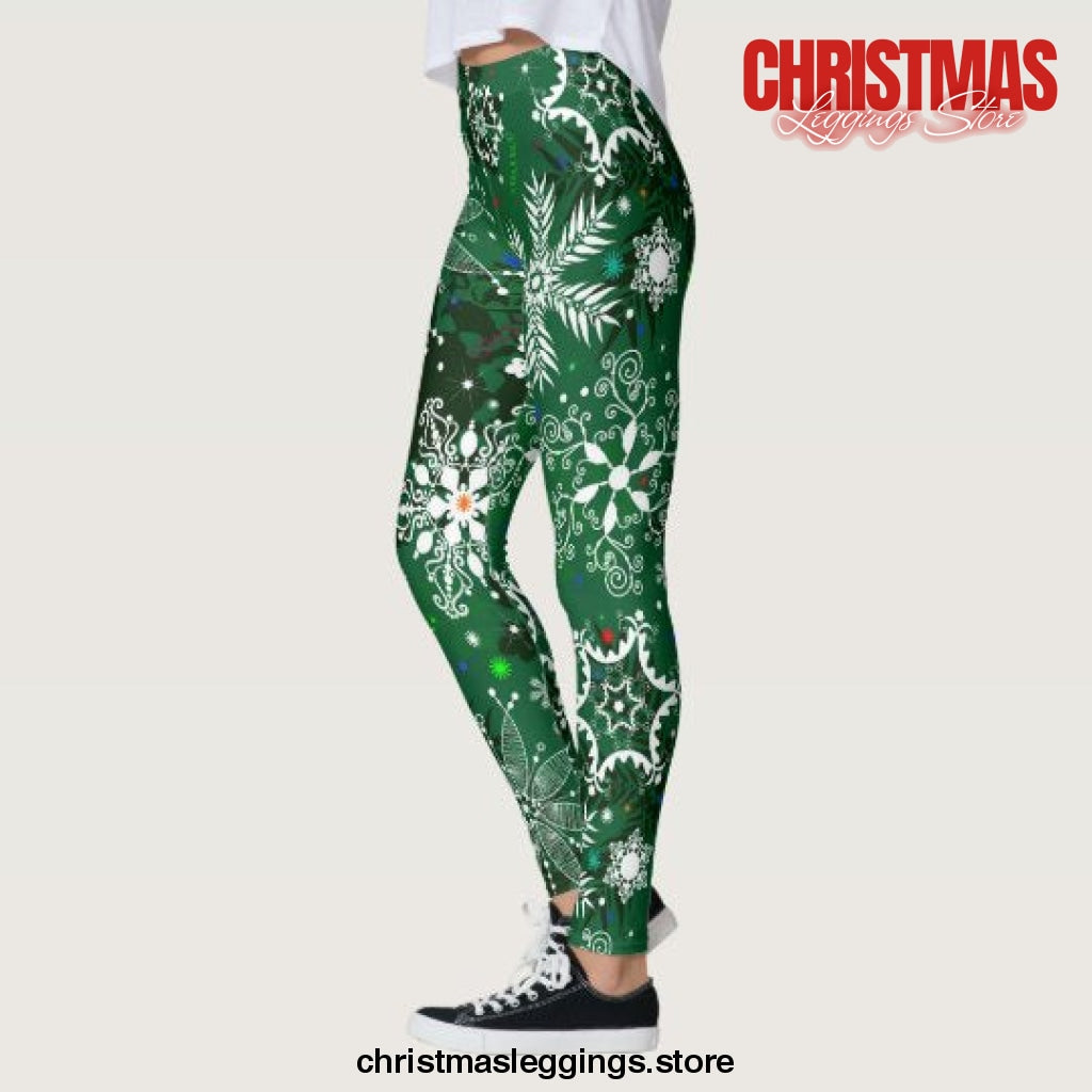Green Christmas snowflake pattern Christmas Leggings - Christmas Leggings Store CL0501