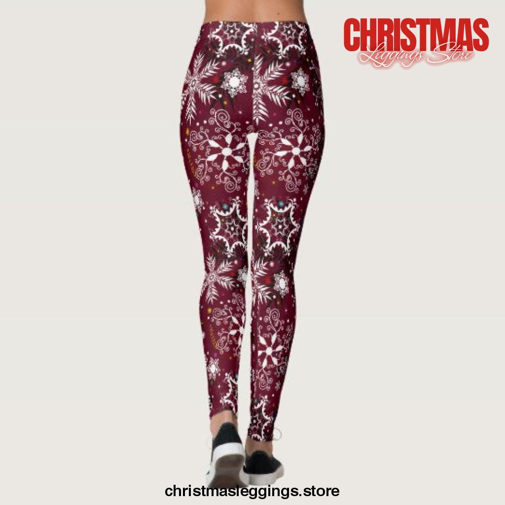 Maroon white snowflake pattern Christmas Leggings - Christmas Leggings Store CL0501