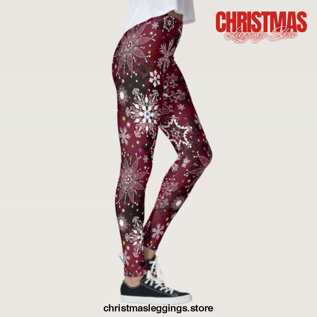 Maroon white snowflake pattern Christmas Leggings - Christmas Leggings Store CL0501
