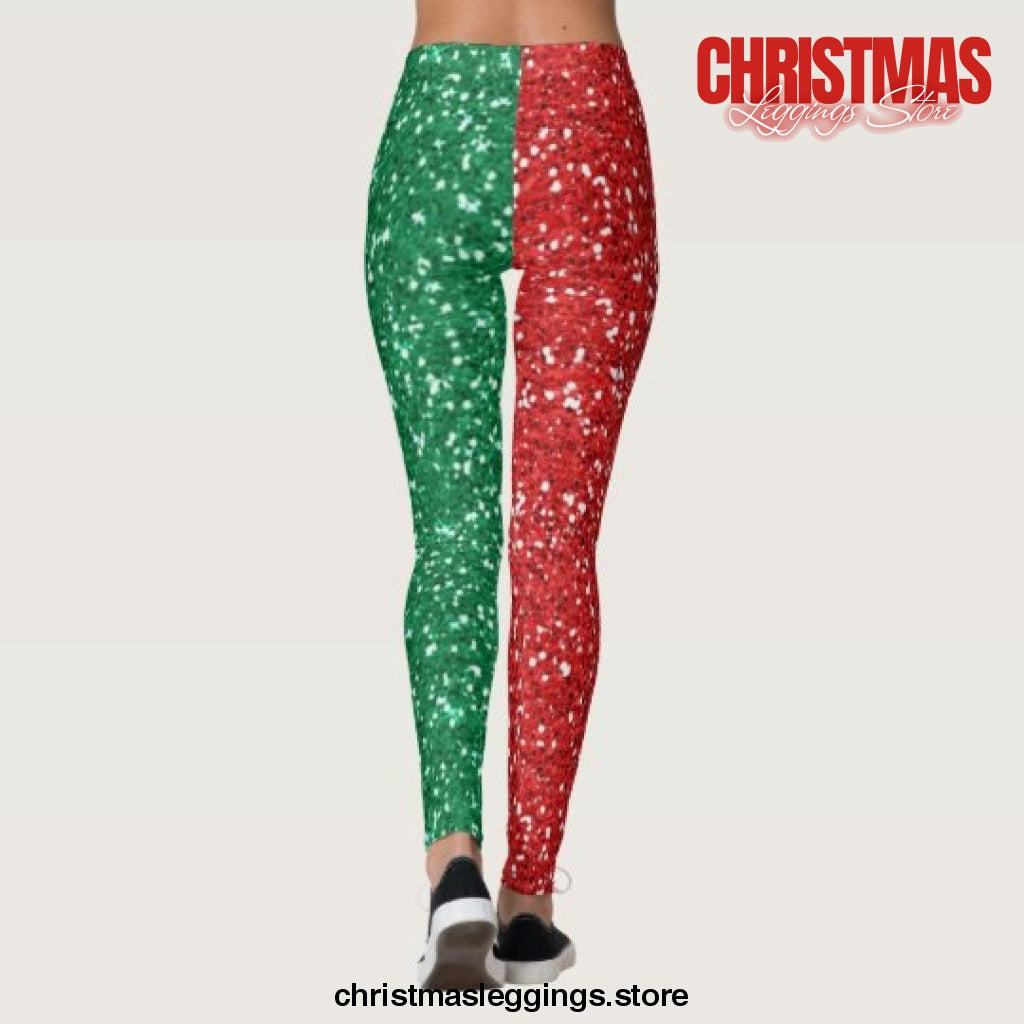 Red and Green Glitter Christmas Leggings - Christmas Leggings Store CL0501