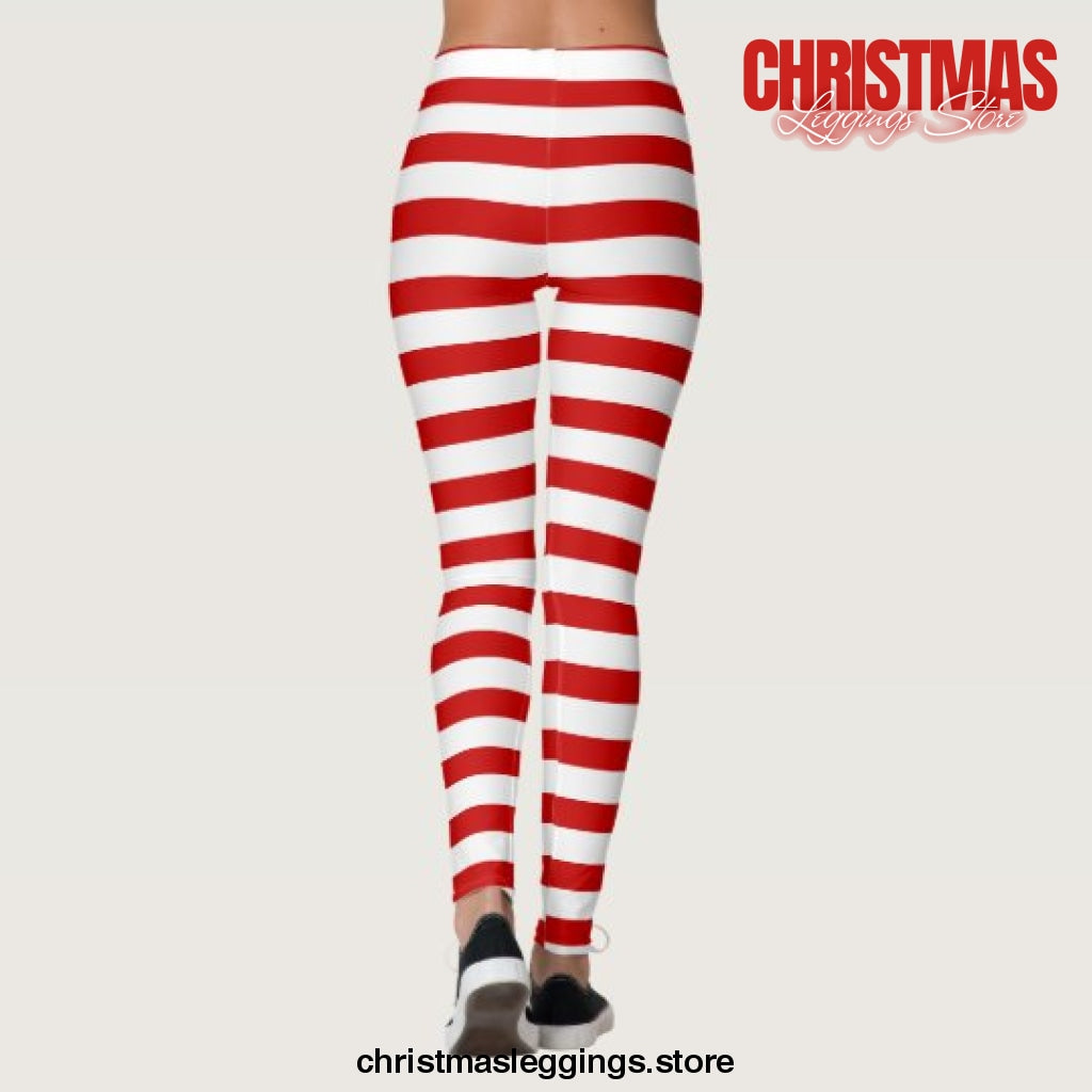 Red and White Stripes Cute Elf Holiday Christmas Leggings - Christmas Leggings Store CL0501