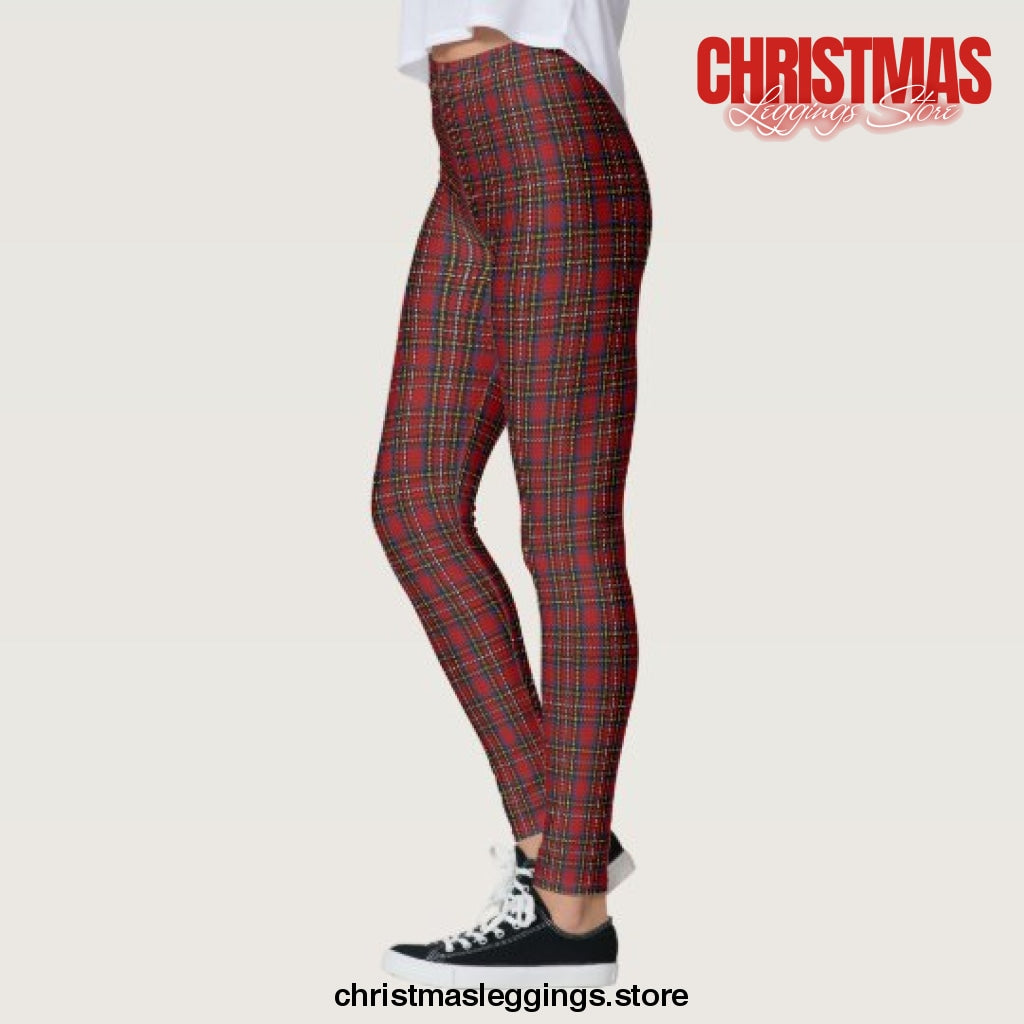 Red Blue Plaid Scottish Tartan Pants Christmas Leggings - Christmas Leggings Store CL0501