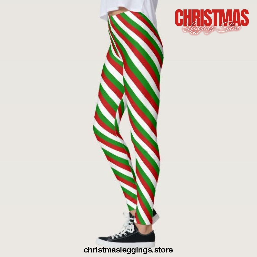 Red Green And White Stripes Christmas Leggings - Christmas Leggings Store CL0501