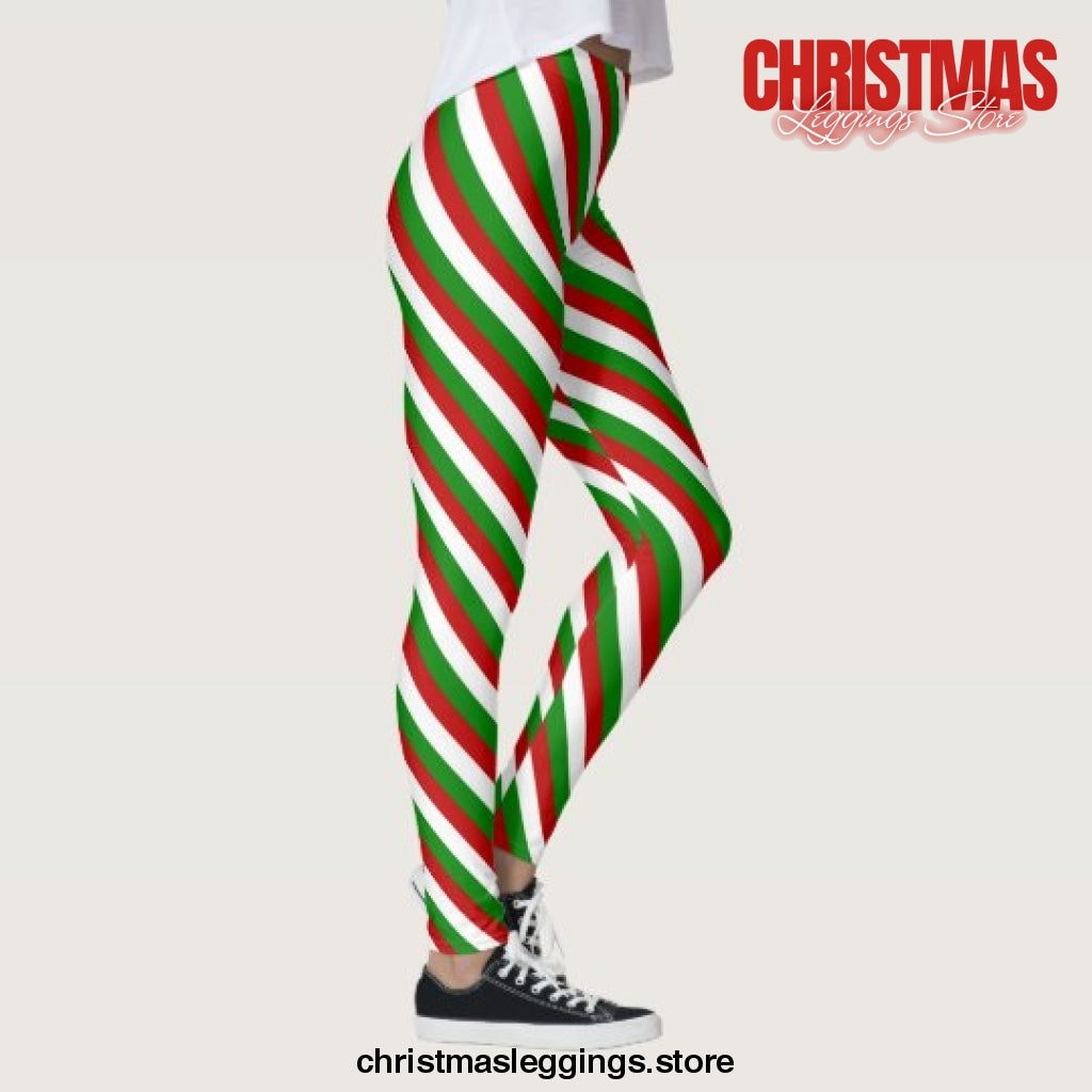 Red Green And White Stripes Christmas Leggings - Christmas Leggings Store CL0501