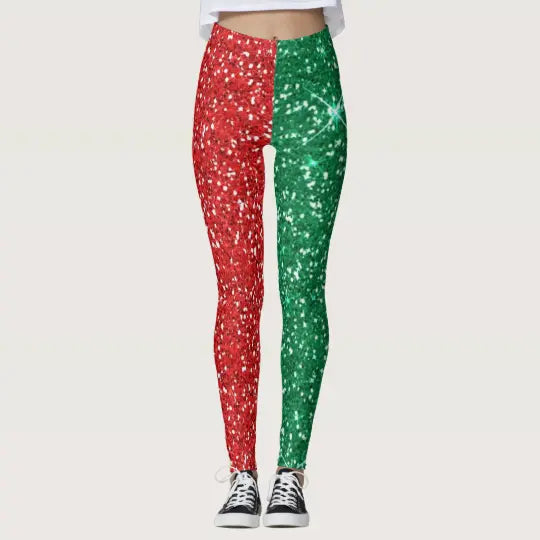 Red and Green Glitter Christmas Leggings - Christmas Leggings Store CL0501