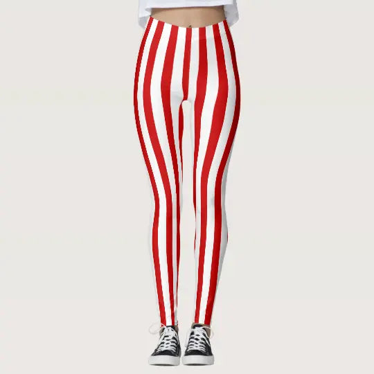 White and red Vertical Stripes Christmas Leggings - Christmas Leggings Store CL0501