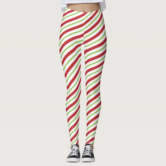 Red Green White Stripes Christmas Pattern Christmas Leggings - Christmas Leggings Store CL0501