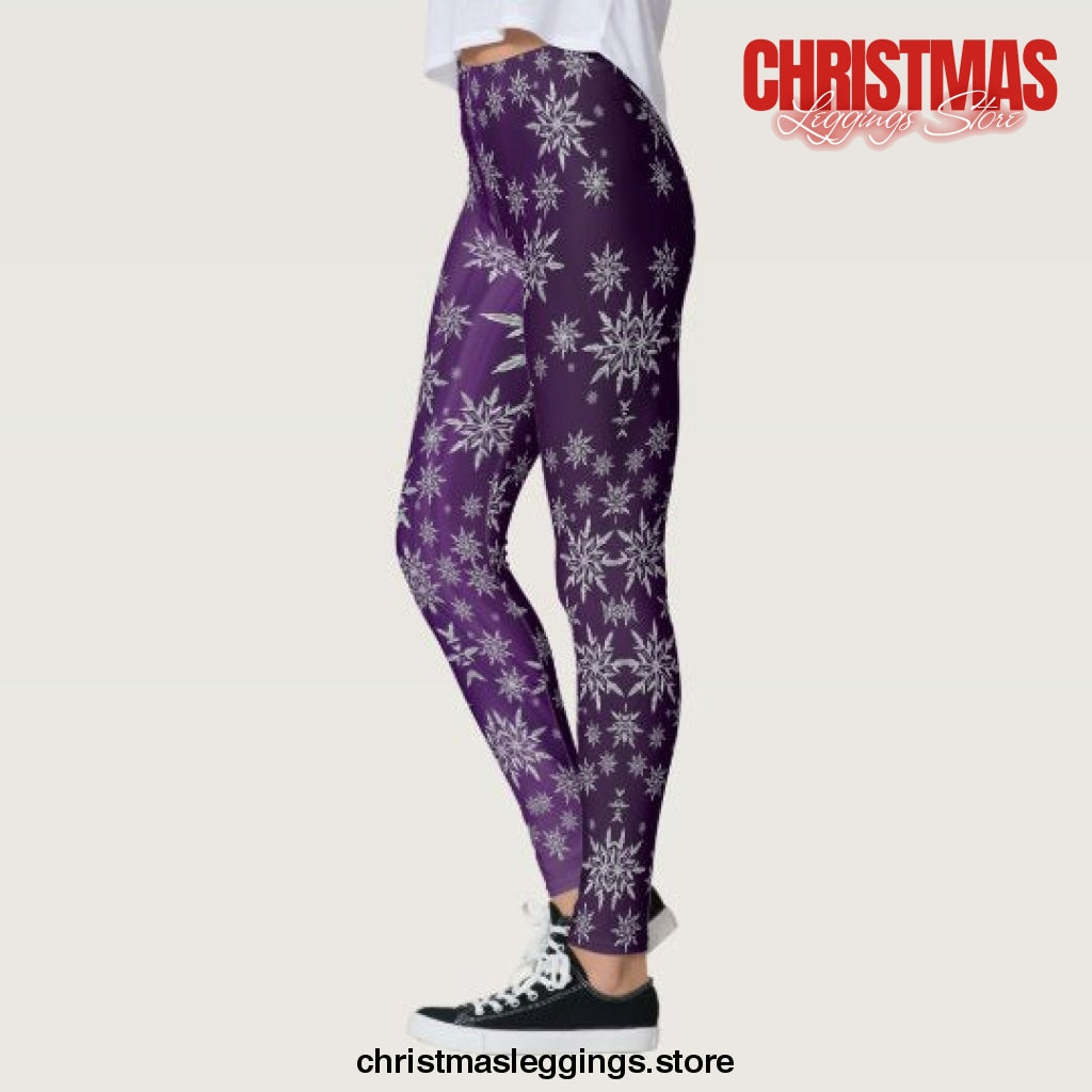Sparkly Silver Snowflakes on Purple Christmas Leggings - Christmas Leggings Store CL0501