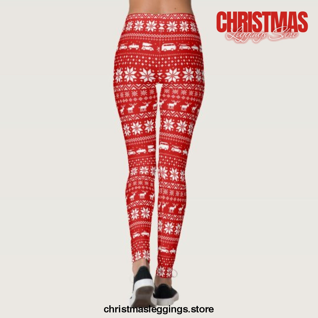 Sweater Pattern with Reindeer and Cars Christmas Leggings - Christmas Leggings Store CL0501