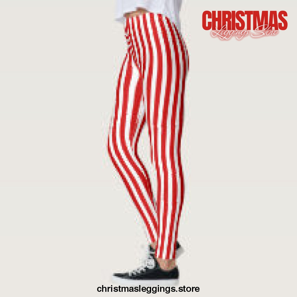 White and red Vertical Stripes Christmas Leggings - Christmas Leggings Store CL0501