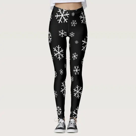 White Snowflakes on Black Christmas Leggings - Christmas Leggings Store CL0501